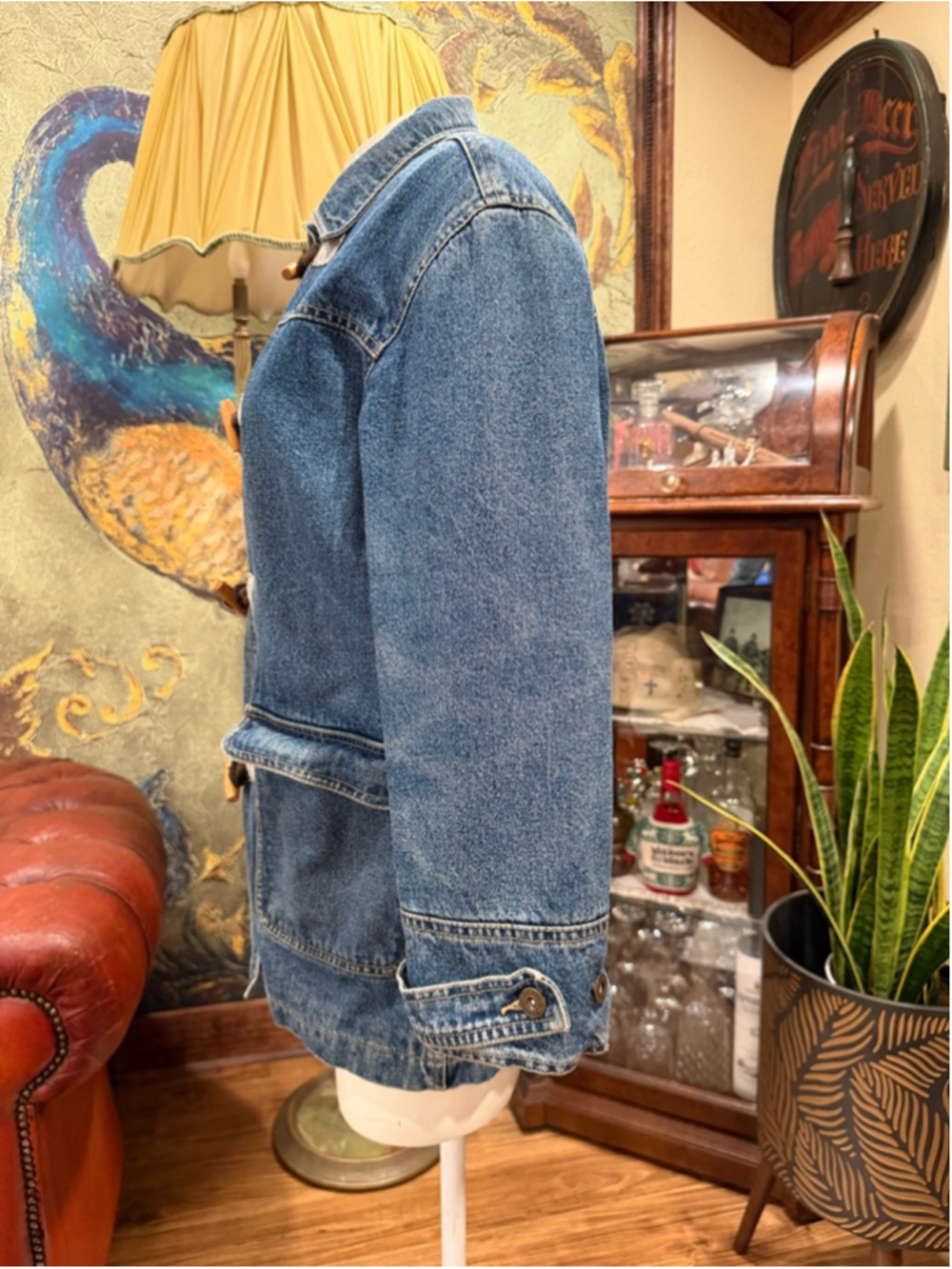 Liz Claiborne Denim Toggle Coat Jacket Plaid Lined Vintage 90s Boho Petite P - Picture 4 of 13
